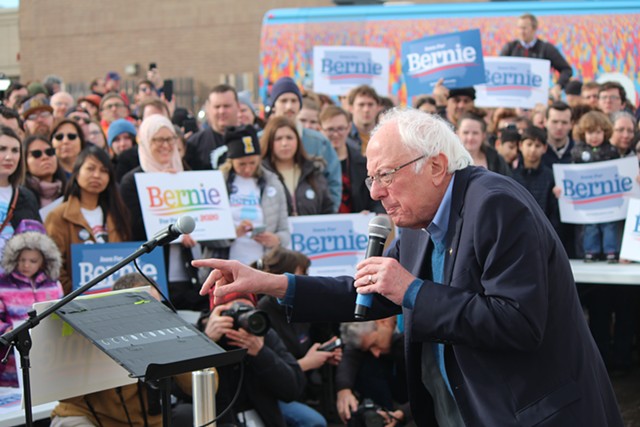 Sen. Bernie Sanders (I-Vt.) addressing supporters Sunday in Cedar Rapids, Iowa - PAUL HEINTZ