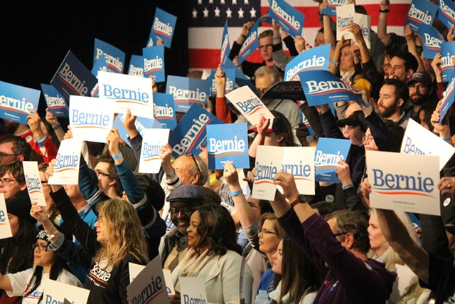 Supporters of Sen. Bernie Sanders at his watch party Monday night in Des Moines - PAUL HEINTZ