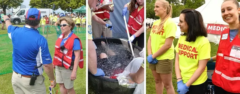 Left to right: The race's medical codirector, Denise Alosa; volunteers treating an overheated runner in an ice tub; and medical support volunteers - COURTESY PHOTO