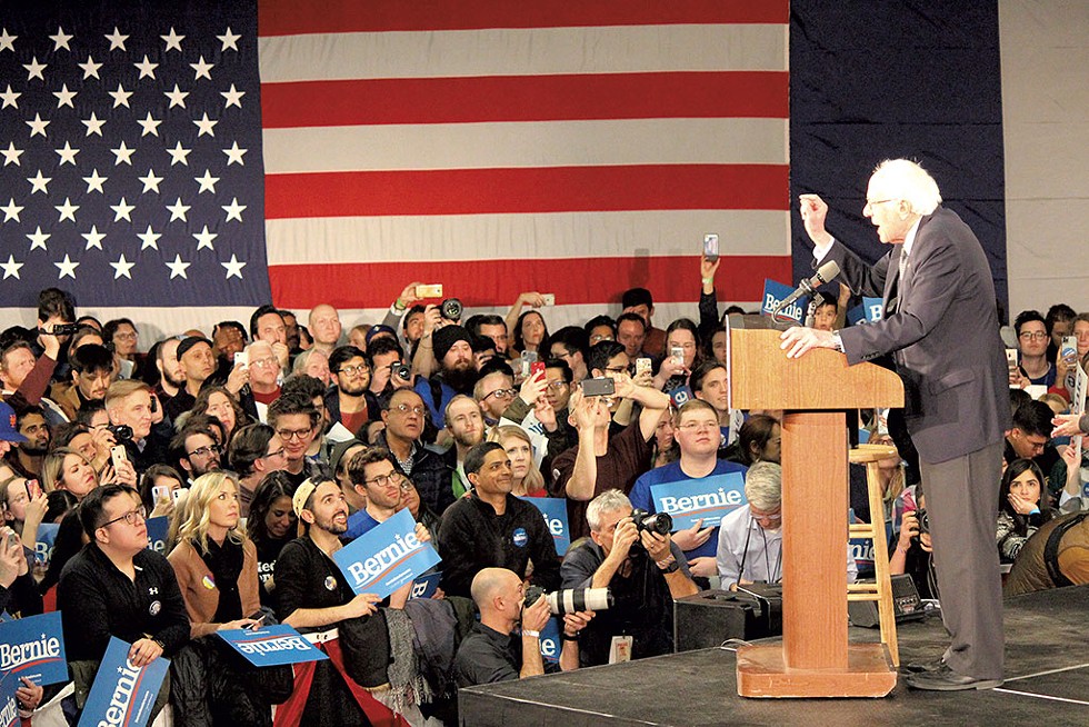 Sen. Bernie Sanders at his victory party in Des Moines - PAUL HEINTZ