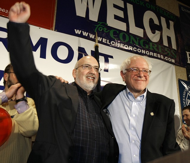 Bernie Sanders (right) celebrating his 2006 electoral victory with his campaign manager, Jeff Weaver - ASSOCIATED PRESS