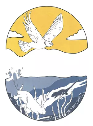 MIGWEN - Feather - MGESO - Eagle - AWAN - Air - NEBI - Water - NEBESIS - Pond - TMAKWA - Beaver - MOSKWAS - Muskrat - ILLUSTRATIONS BY KELSI BRETT
