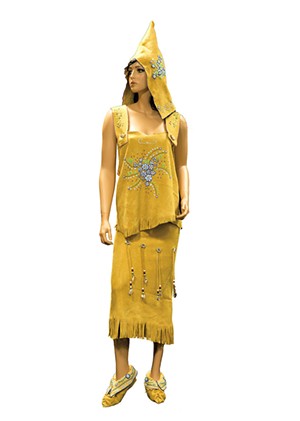 Traditional beaded buckskin dress, hood and moccasins from the Abenaki exhibition at the Burlington International Airport - COURTESY OF DIANE STEVENS