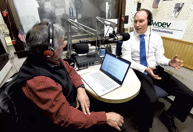 Peter Walke (right) being interviewed by David Goodman on WDEV Radio in Waterbury - JEB WALLACE-BRODEUR