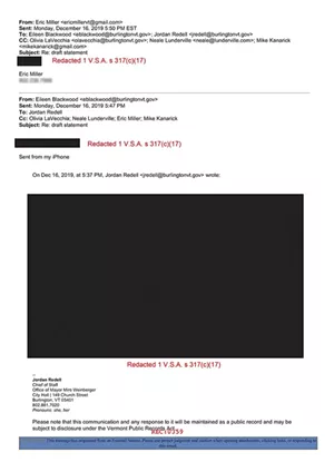 Burlington redacted emails sent by private citizens weighing in on city business. Seven Days obscured Miller's phone number
