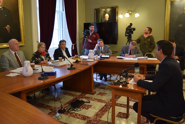 The Senate Government Operations Committee listens to Bill Lofy, representing the Vermont Cannabis Collaborative, at a hearing Tuesday in Montpelier. - TERRI HALLENBECK