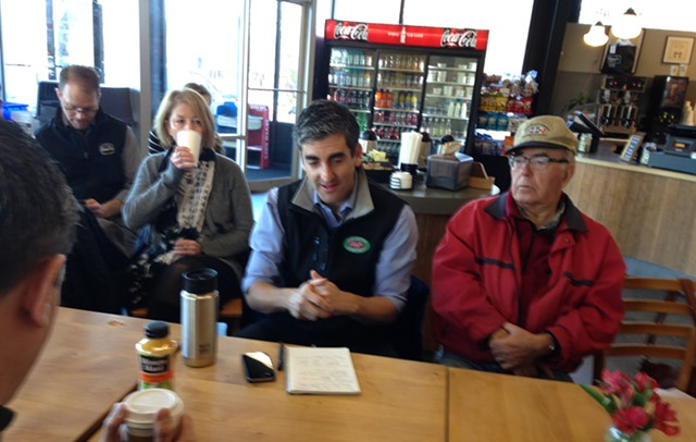 The mayor enjoys coffee and bagels with residents  in the South End - MOLLY WALSH