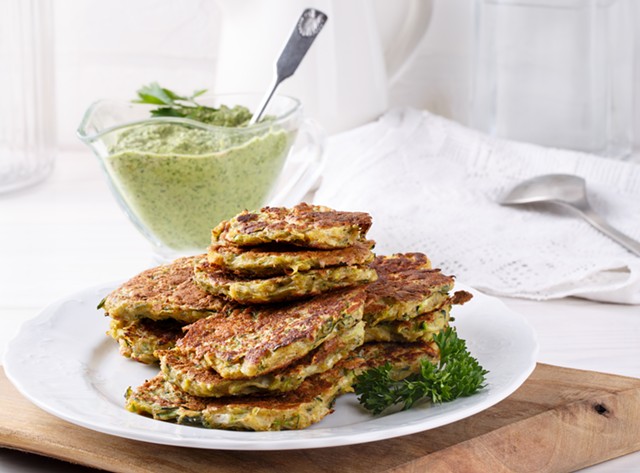 Vegetable pancakes with green tahini miso sauce - COURTESY OF COURTNEY CONTOS