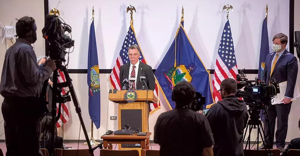 Gov. Phil Scott addressing reporters last Friday in Montpelier - JEB WALLACE-BRODEUR