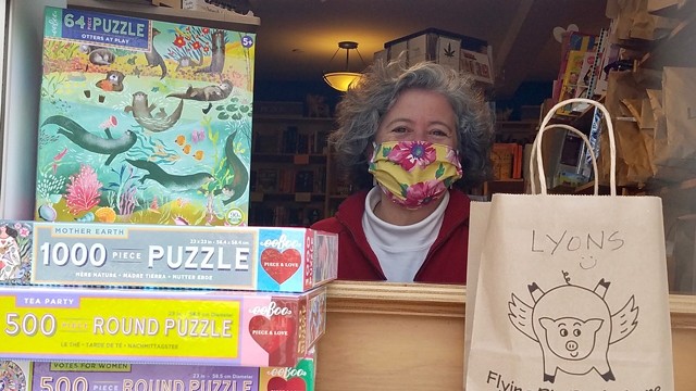 Elizabeth Bluemle at the Flying Pig Bookstore window - COURTESY OF ELIZABETH BLUEMLE