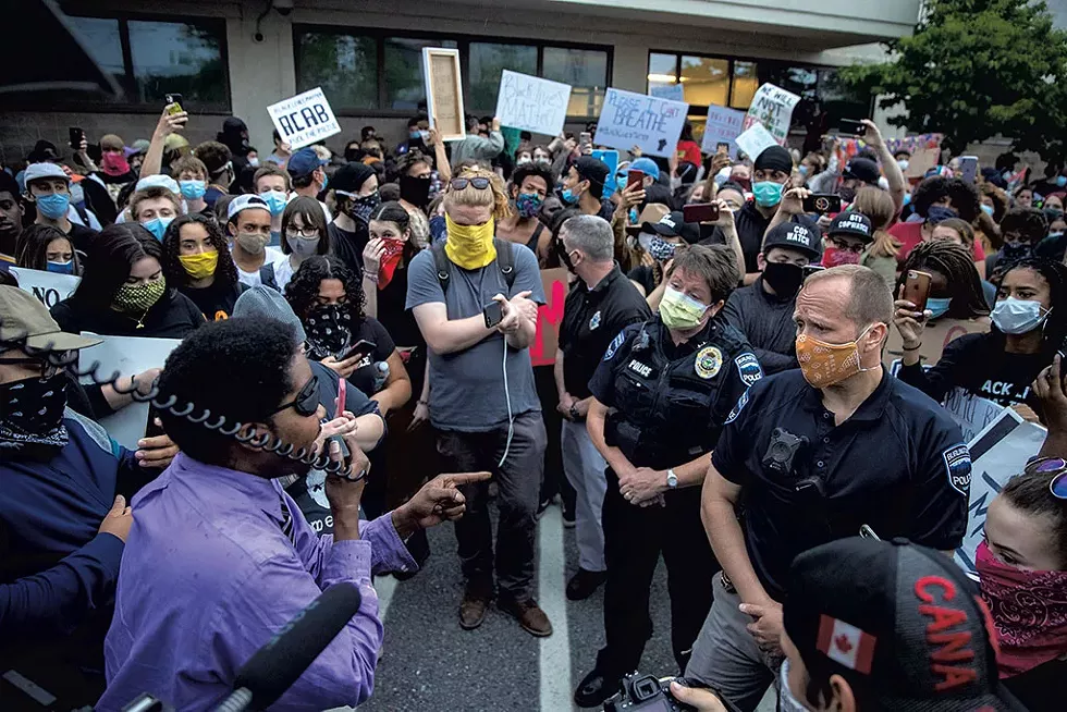 Activists confronting Burlington police chiefs at a May 30 protest - JAMES BUCK