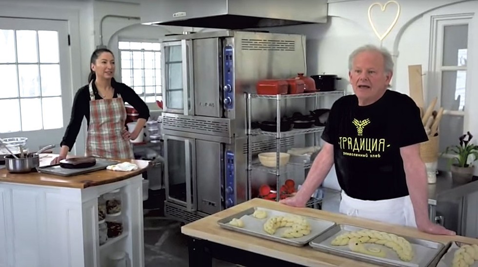 Pastry chef Gesine Bullock-Prado on "The Isolation Baking Show," cohosted with retired King Arthur Flour bakery director Jeffrey Hamelman - SCREENSHOT
