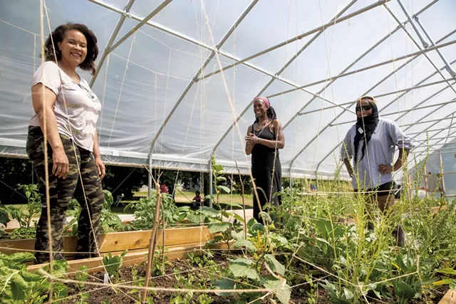 From left: Lydia Clemmons of Clemmons Family Farm, artist Omega Jade, and Krista Scruggs of ZAFA Wines - JAMES BUCK ©️ SEVEN DAYS