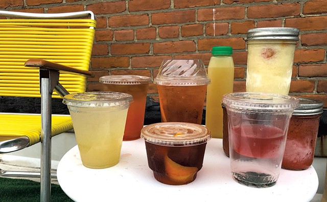 Takeout cocktails (from left): Bee's Knees from Waterworks Food + Drink; Rum Punch from McKee's Pub & Grill; Negroni (front) and Americano from Mule Bar; Caliente Marg from El Cortijo; Face Plant cocktail, Sangrita, frozen drinks from Misery Loves Co. - JORDAN BARRY ©️ SEVEN DAYS