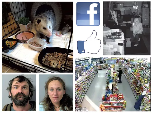 A rescued opossum, - mug shots and a - photo of a crime - in progress from the - South Burlington - Police Department’s - Facebook page