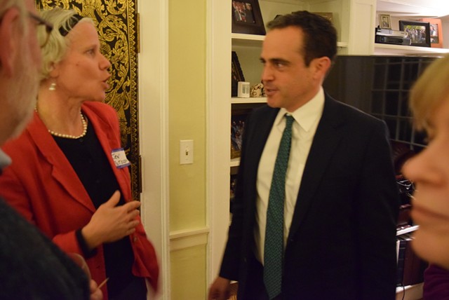Matt Dunne, Democratic candidate for governor, talks Sunday with Jen Botzojorns. - TERRI HALLENBECK