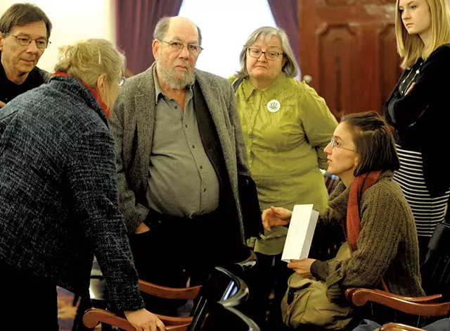 Sen. Jeanette White, left, speaking with Stuart Savel, center, and Emily Amanna, seated, from Vermont Home Grown - JEB WALLACE-BRODEUR