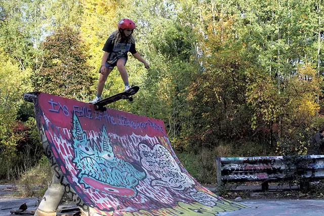 Ava Foster, 9, at the Barriers quarter-pipe - COURTNEY LAMDIN ©️ SEVEN DAYS