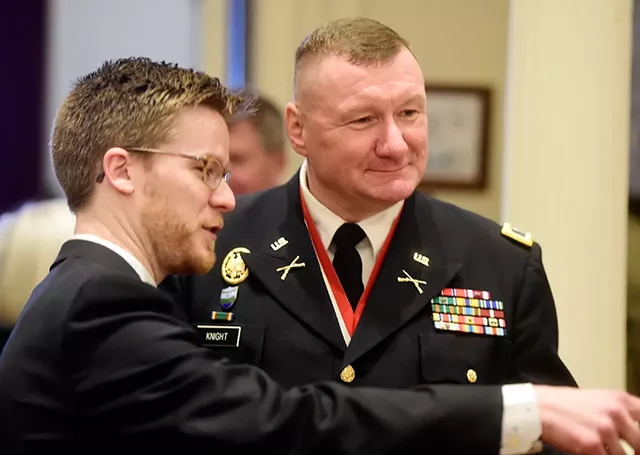 Rep. Dylan Giambatista (D-Essex Junction) with current Adj. Gen. Greg Knight in January 2019 - FILE: JEB WALLACE-BRODEUR