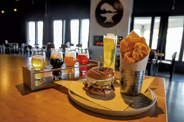 A beer flight, a Studio 54 cocktail and a house black bean burger with hot cheddar pork rinds at Black Flannel Brewing - JAMES BUCK