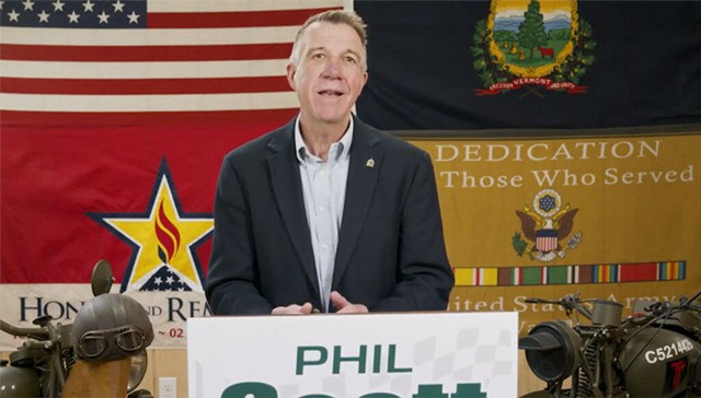Gov. Phil Scott declares his victory speech Tuesday in a video shot in his motorcycle garage. - SCREENSHOT