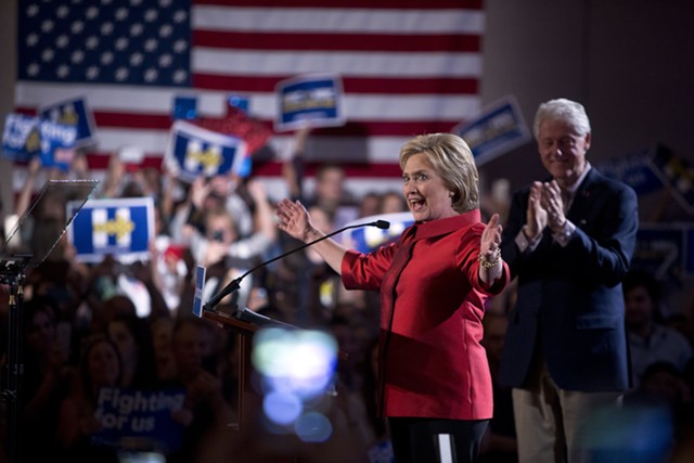 Hillary Clinton and Bill Clinton celebrate Saturday at Caesars Palace in Las Vegas. - LAS VEGAS SUN/STEVE MARCUS VIA AP