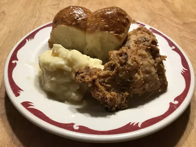 Hen of the Wood fried chicken, mashed potatoes and Parker House rolls - SALLY POLLAK ©️ SEVEN DAYS