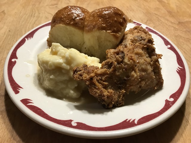 Hen of the Wood fried chicken, mashed potatoes and Parker House rolls - SALLY POLLAK ©️ SEVEN DAYS