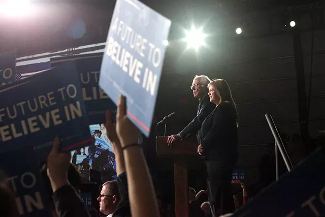 Sen. Bernie Sanders speaks to supporters in Essex Junction. - MATTHEW THORSEN
