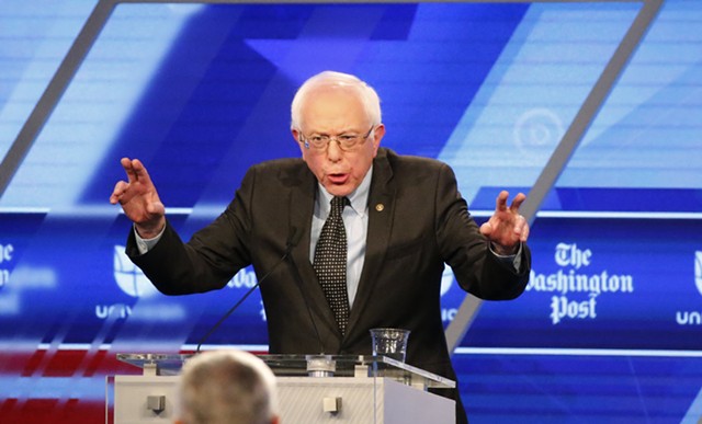 Democratic presidential candidate Sen. Bernie Sanders ( I-Vt.)  at Wednesday’s debate in Miami - AP PHOTO/WILFREDO LEE