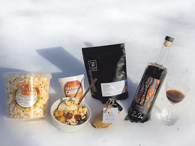 Left: Bragg Farm's maple kettle corn, maple sundae made with ingredients from Morse Farm, Vivid Coffee's Sugar Shack blend, the Gateway Farm's maple butter and Woodnose's Sacré. - JORDAN BARRY ©️ SEVEN DAYS