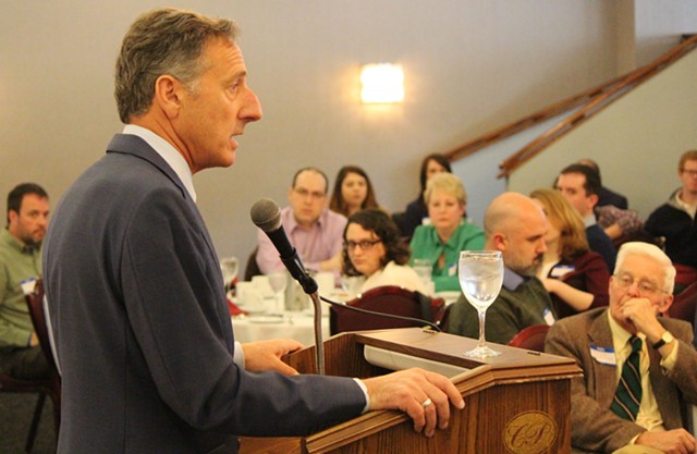 Gov. Peter Shumlin addresses the Vermont Press Association Thursday in Montpelier. - PAUL HEINTZ