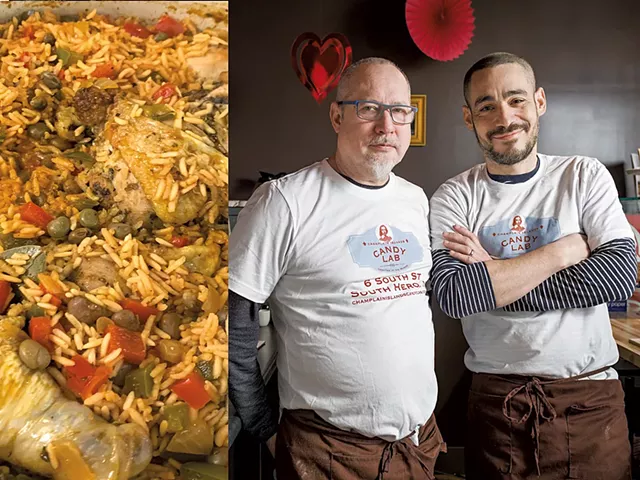 Traditional Puerto Rican chicken and rice from Lola's Latin Kitchen | Candy Lab co-owners Michael McCarver-Reyes (left) and Albert Reyes-McCarver - COURTESY MICHAEL MCCARVER-REYES | FILE: OLIVER PARINI