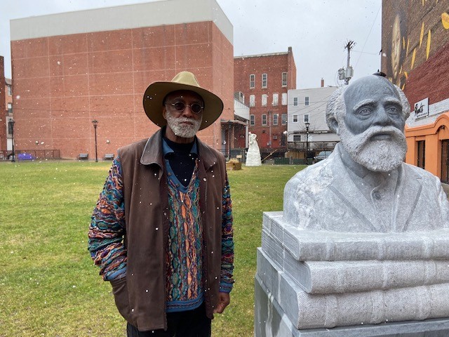 Al Wakefield in Rutland with the newly installed sculpture of Martin Freeman, the first black president of an American college - COURTESY: BARBARA JEROMIN