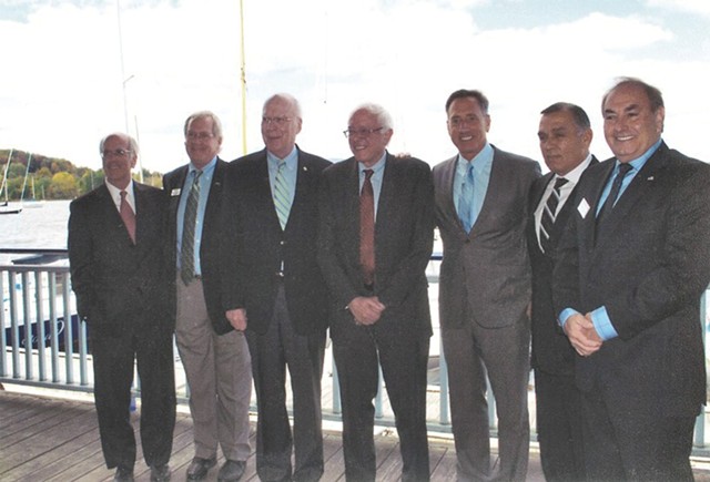 Left to right: Congressman Peter Welch, Bill Stenger, Sen. Patrick Leahy, Sen. Bernie Sanders, Gov. Peter Shumlin, Ariel Quiros and William Kelly in Newport in September 2012 - COURTESY: BILL STENGER
