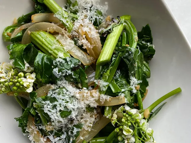 Grilled Sea Kale With Caramelized Onions, Garlic and Jasper Hill Alpha Tolman Cheese - COURTESY ELIZABETH CHADWICK
