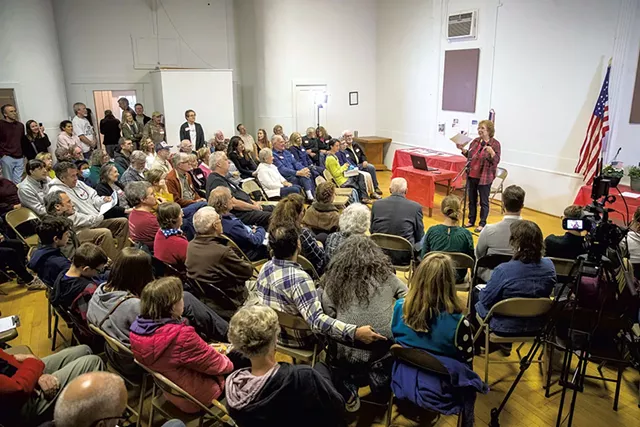Ellie Martin speaking at the Essex Center Grange Hall - JAMES BUCK