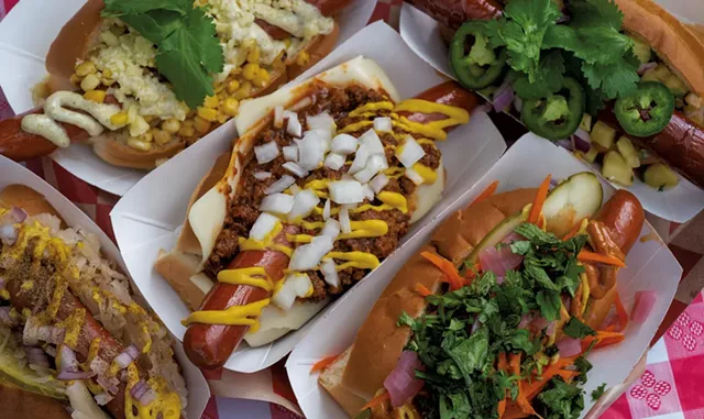 Topping-laden dogs at the Lucky Dogs pop-up at Hender's Bake Shop & Café - JEB WALLACE-BRODEUR