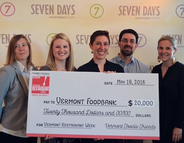 Photo, from left to right: Katie Grauer of Vermont Community Foundation, Kylie Webster of Vermont Federal Credit Union, Nicole Whalen of Vermont Foodbank, Todd Taylor of City Market and Corey Grenier of Seven Days. - KRISTEN HUTTER