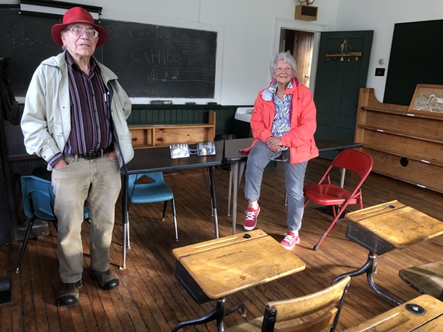 Rod Noble and Connie Quimby in the schoolhouse where both were students in the 1940s and 50s - ANNE WALLACE ALLEN ©️ SEVEN DAYS
