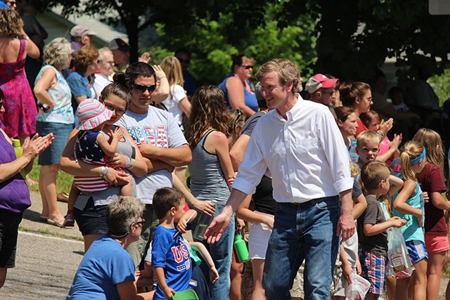 U.S. Senate candidate Scott Milne marches Monday in Vergennes' Memorial Day Parade. - PAUL HEINTZ