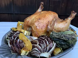 Finished roast chicken with radicchio, shallots and delicata squash - MELISSA PASANEN ©️ SEVEN DAYS
