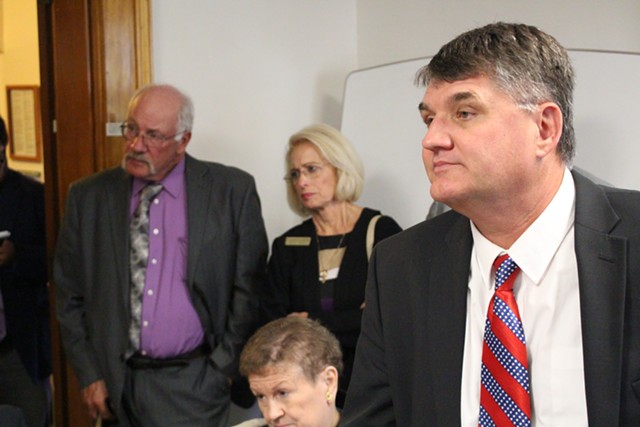 Rep. Don Turner (R-Milton) listens to colleagues at a caucus meeting Thursday evening in Montpelier. - PAUL HEINTZ
