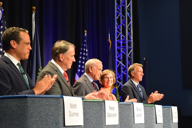 Five gubernatorial candidates appeared at a forum last month in Burlington. From left-right: Matt Dunne, Peter Galbraith, Bruce Lisman, Sue Minter and Phil Scott. - TERRI HALLENBECK