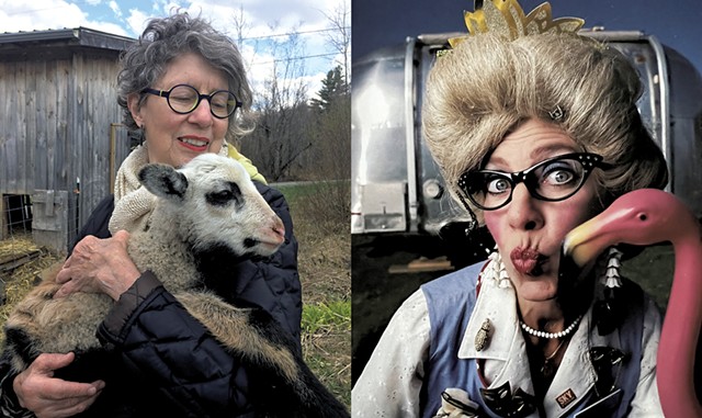 Left: Maggie Sherman holding a baby goat in Elmore. Right: Sherman as Honey the Professional Waitress - COURTESY OF PAMELA  POLSTON AND  HENNI COHEN