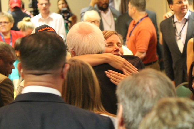 Sen. Bernie Sanders hugs Vermont delegate Shyla Nelson Wednesday morning in Philadelphia. - PAUL HEINTZ