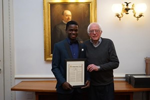 Senator Bernie Sanders with last year's second place winner Musa Muyange of Winooski High School