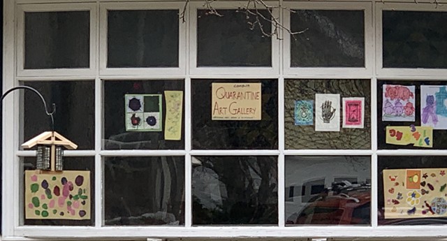 Coronavirus won't stop kids' learning and creativity. A "quarantine art gallery" displayed in a family's front window in Shelburne. - ALISON NOVAK
