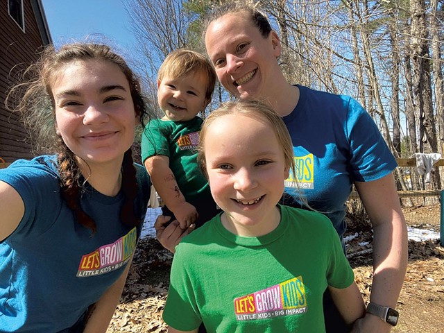 Amaryah Pendlebury (top right) with teacher Brooke (left), her daughter (center) and a child in her home-based childcare center, Brattleboro's Natural Child School - COURTESY OF AMARYAH PENDLEBURY