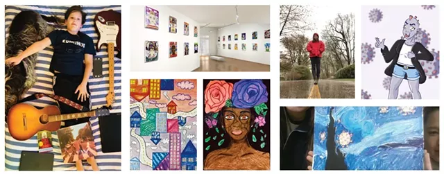 Clockwise from top: Pandemic portrait by Gus B. of Edmunds Middle School; Winooski's virtual art exhibit; photography by Ella F. of Burlington High School; Coronavirus character by Cassidy P. of EMS; Starry Night Virus art by Jesse F. of EMS; "Break Free and Bloom" by Hawa M. of Winooski Middle School; "Colorful Town" by Sherihan A. of WMS